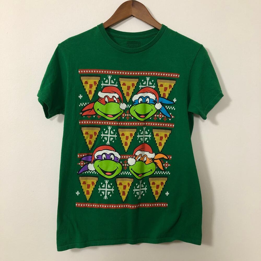 TMNT Christmas T-Shirt Ninja Turtles Small Ugly Sweater‎ Style Graphic Tee Pizza